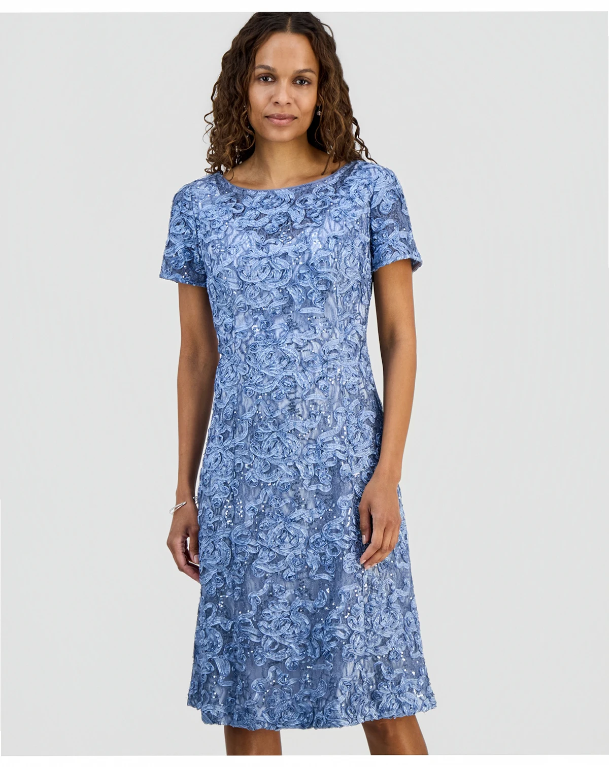 Petite Sequined Lace Short-Sleeve Midi Dress