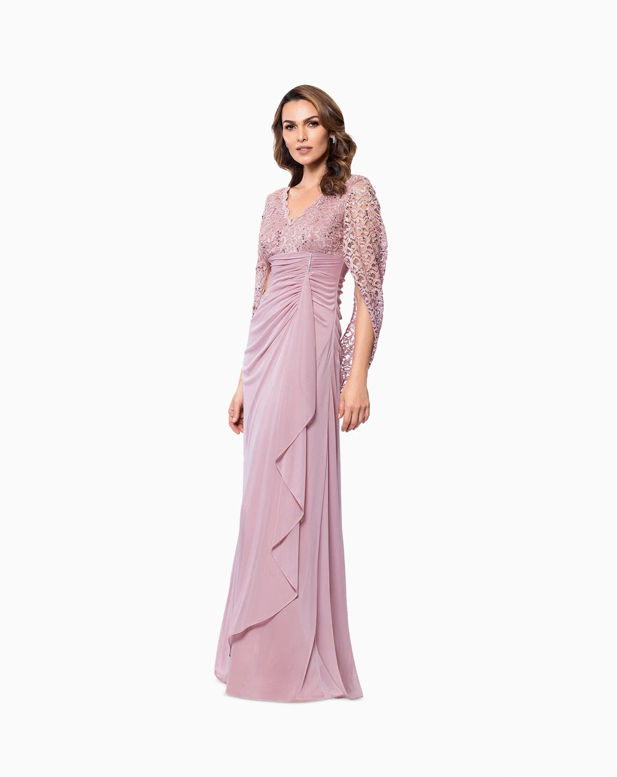 B&A By Betsy & Adam Petite Draped Lace Back Gown