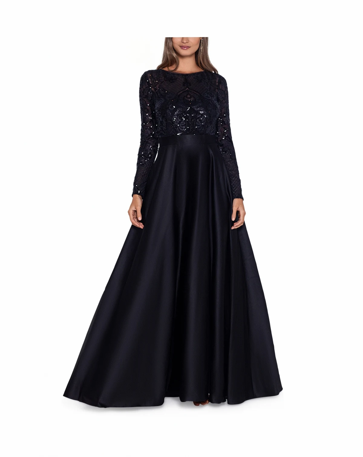 Petite Sequin-Bodice Long-Sleeve Ball Gown