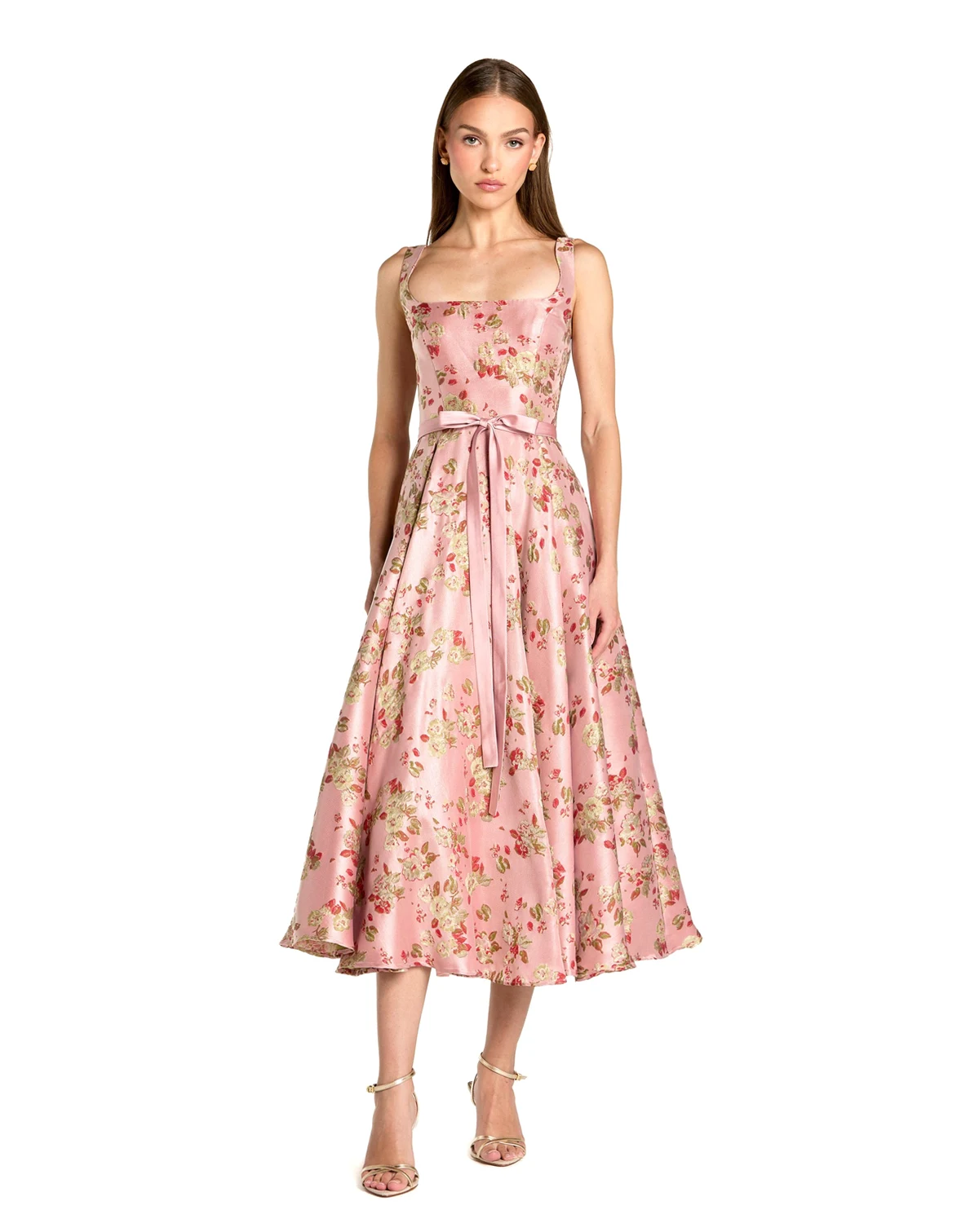 Petite Pink Floral Brocade Square-Neck Midi Dress