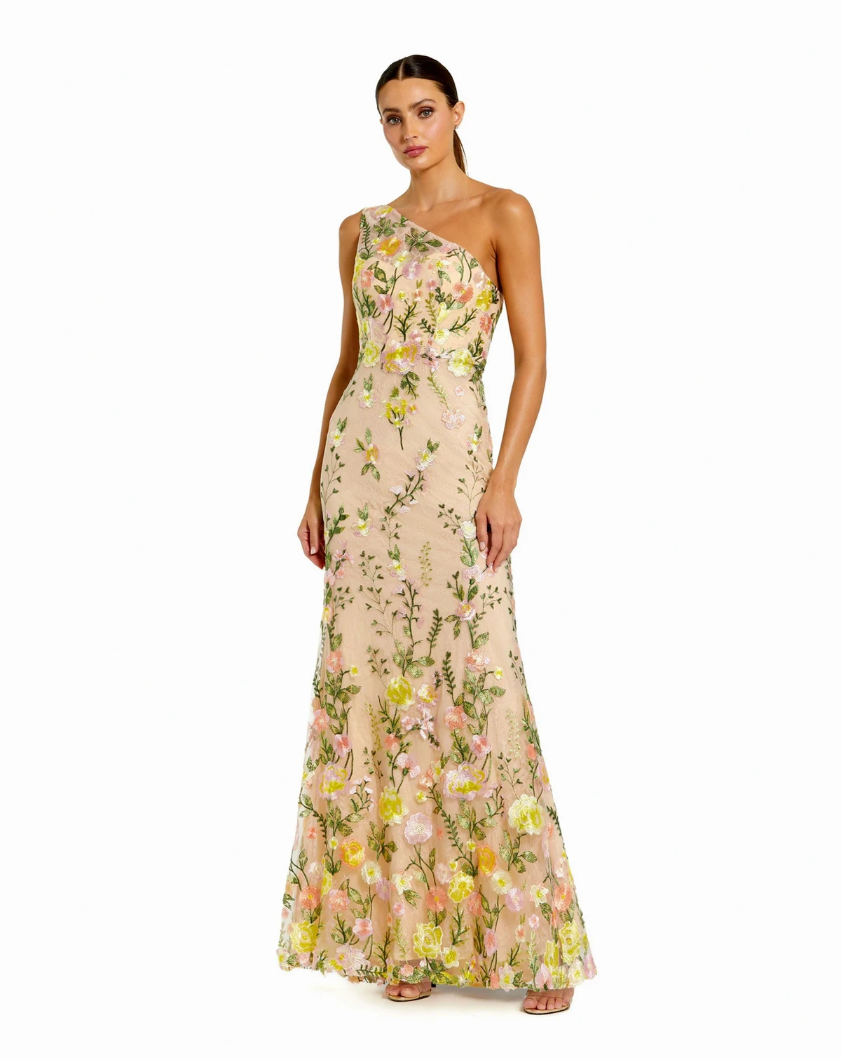 Petite One Shlouder Lace Embroidered Gown Dresse