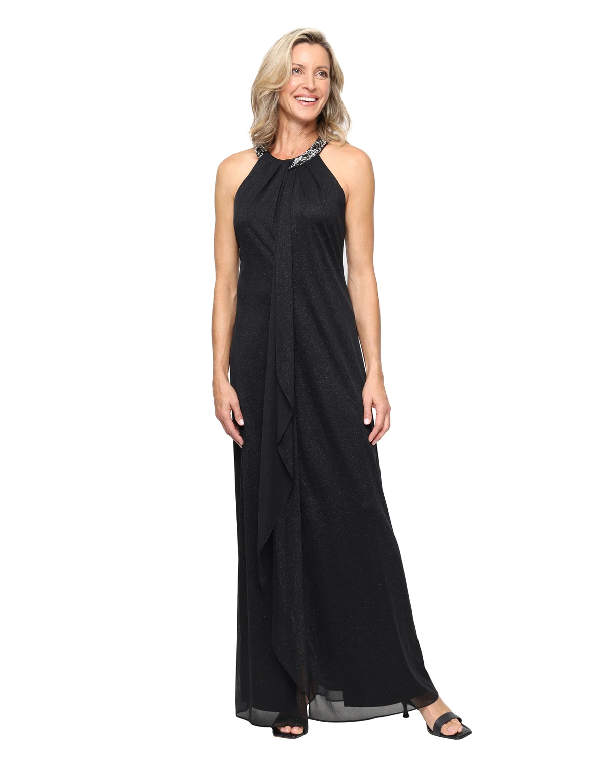Petite Glitter A-Line Halter Long Mesh Dress