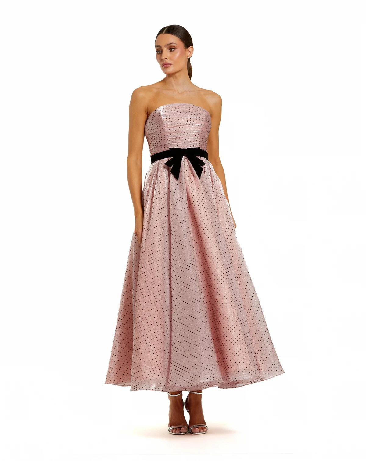 Petite Polka Dot Organza Strapless Dress With Bow