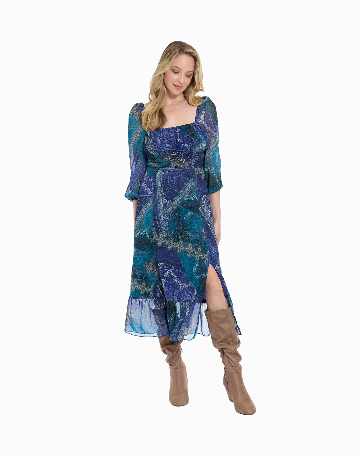 Women's Bishop Sleeve Smocked Back Midi Dress