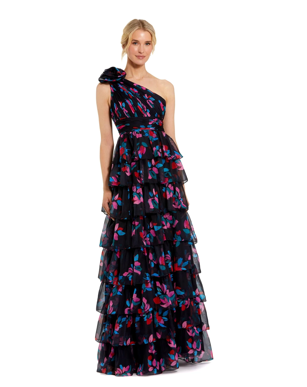 Women's One Shoulder Printed Chiffon Tiered Ruffle Gown