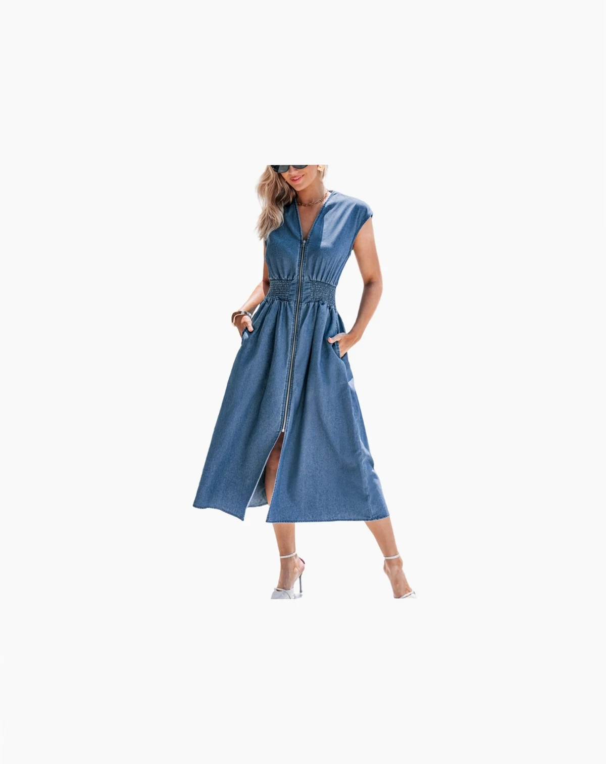 Women's Zip-Front Denim Midi Beach Dress