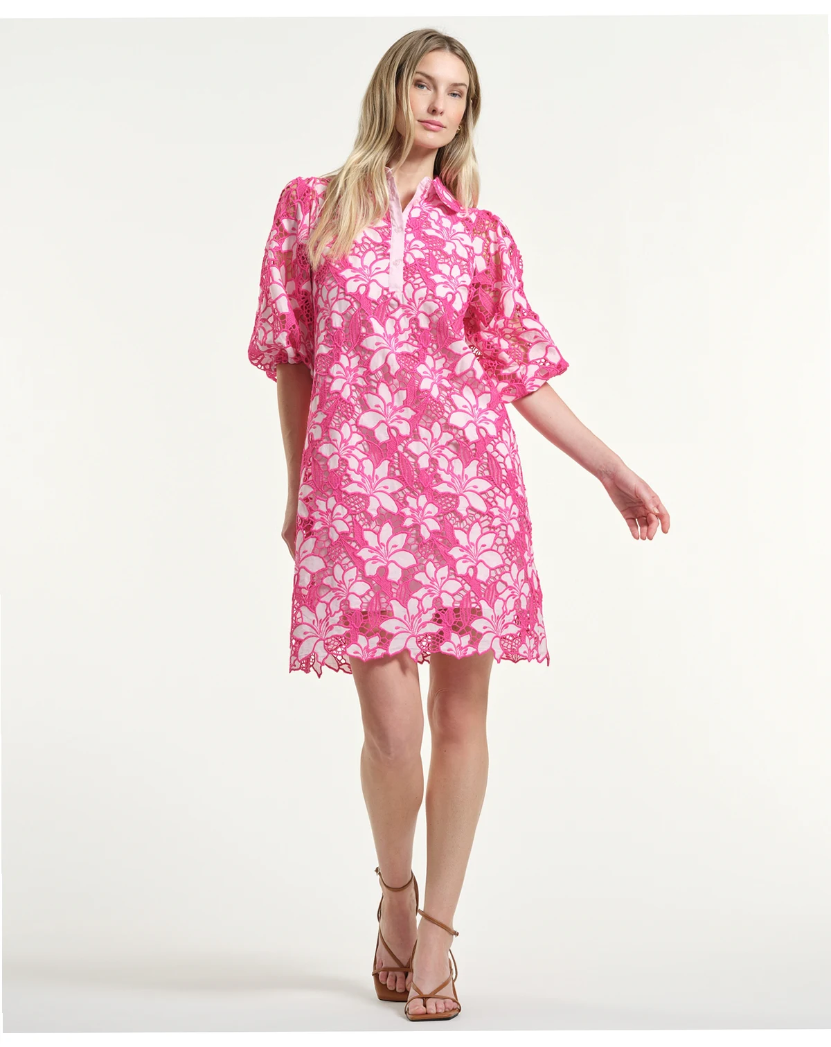 Women's Eyelet Blouson Collared Neck Dress