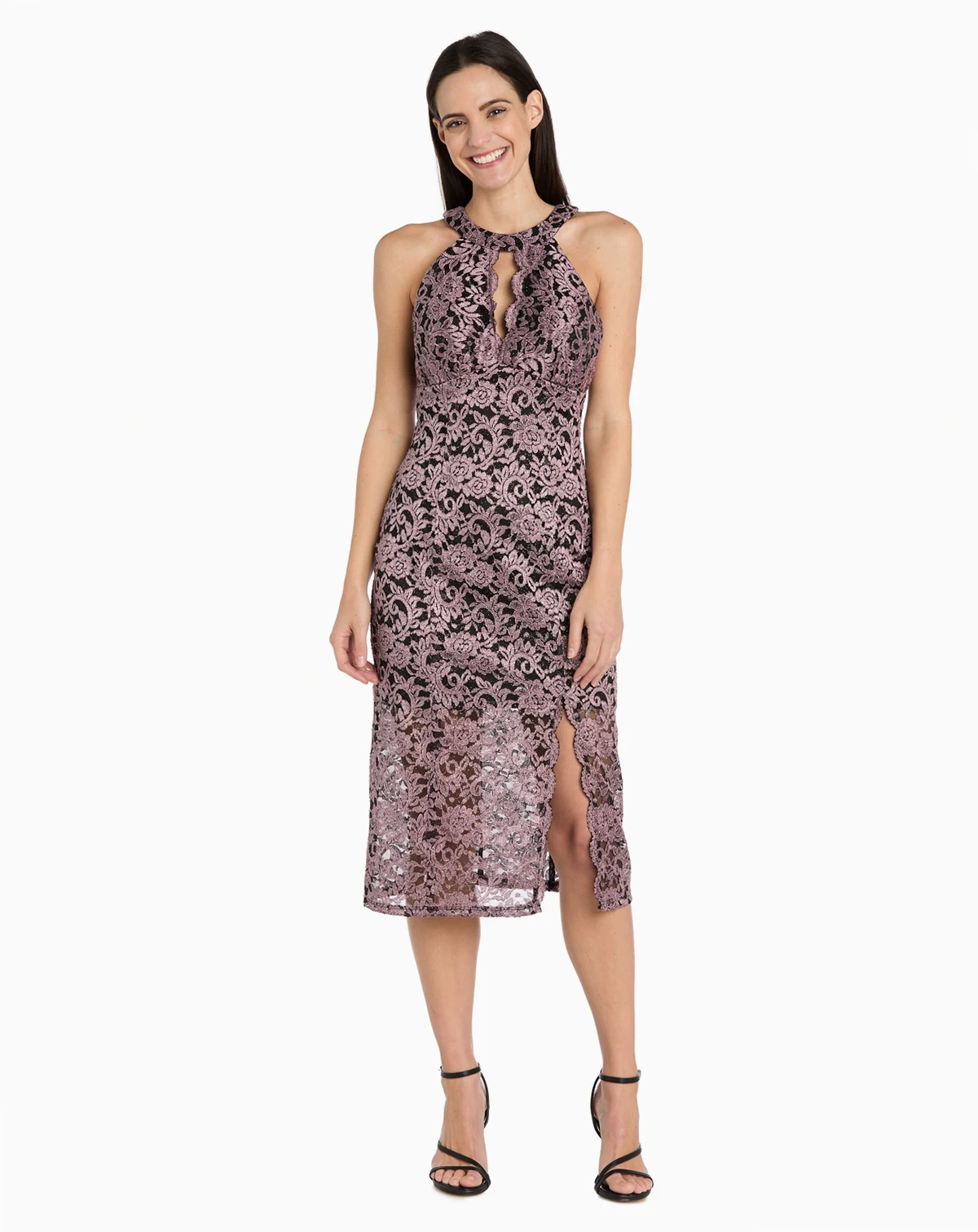 Women's Lace Two-Tone Halter Midi Dress