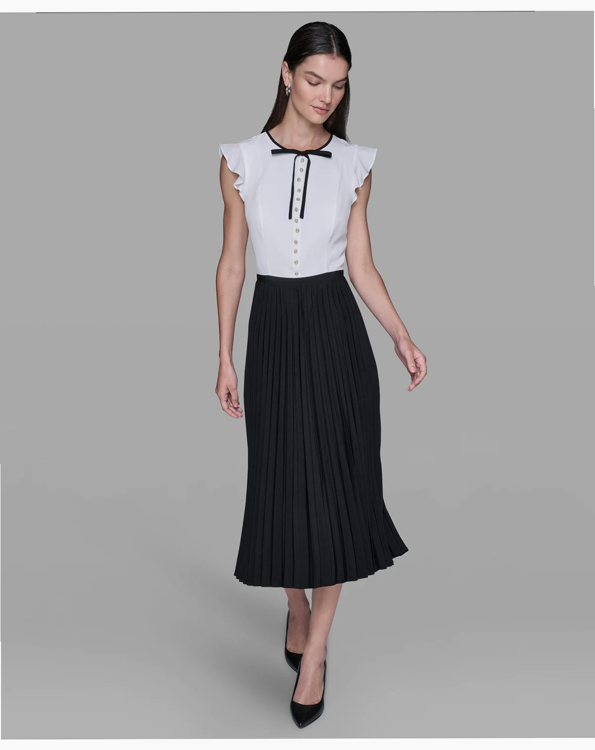 Women's Silky Crepe Midi Dress with Pleated Skirt