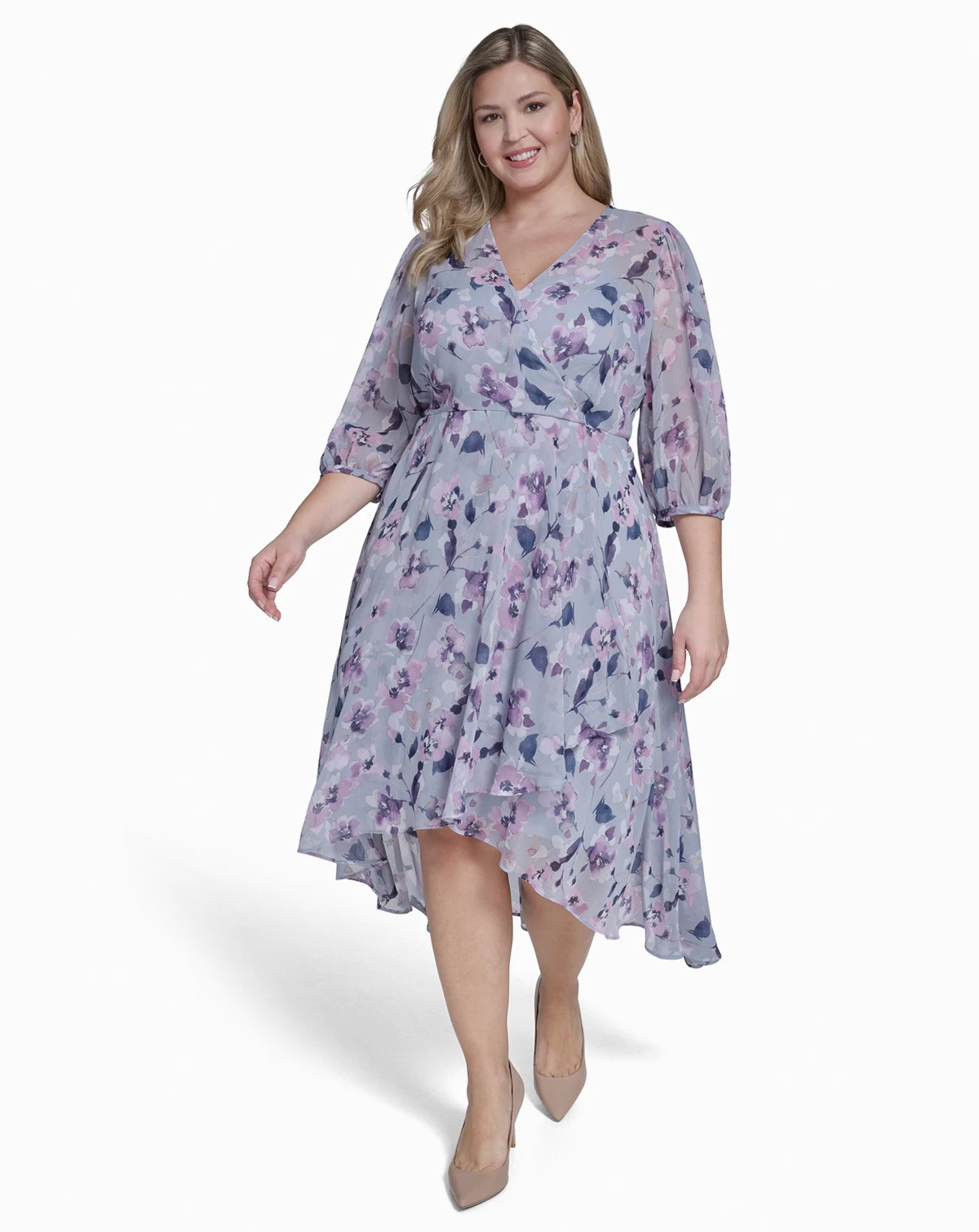 Plus Size Balloon-Sleeve Wrap Dress