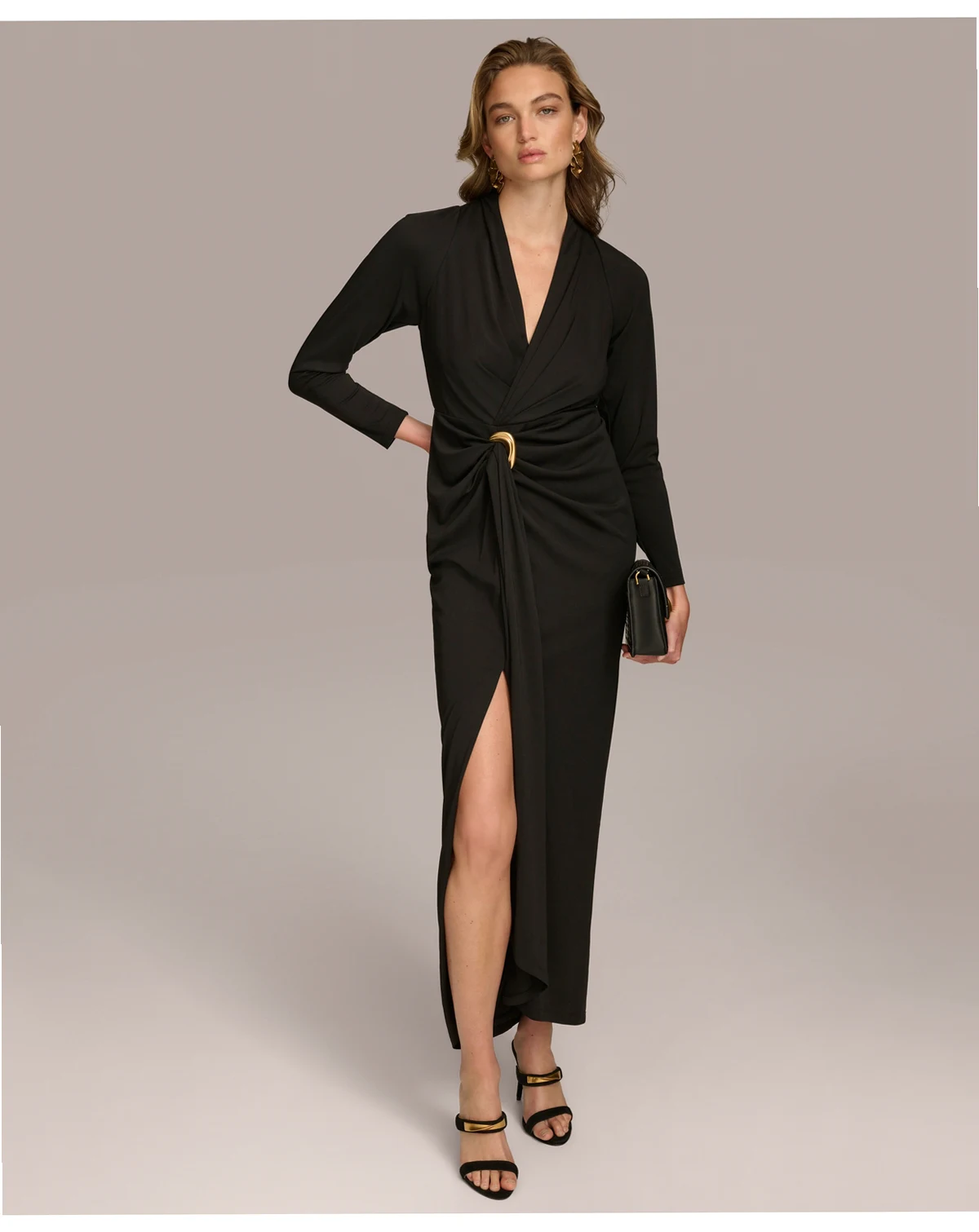 Women's Long Sleeve Front Slit Ruched Gown