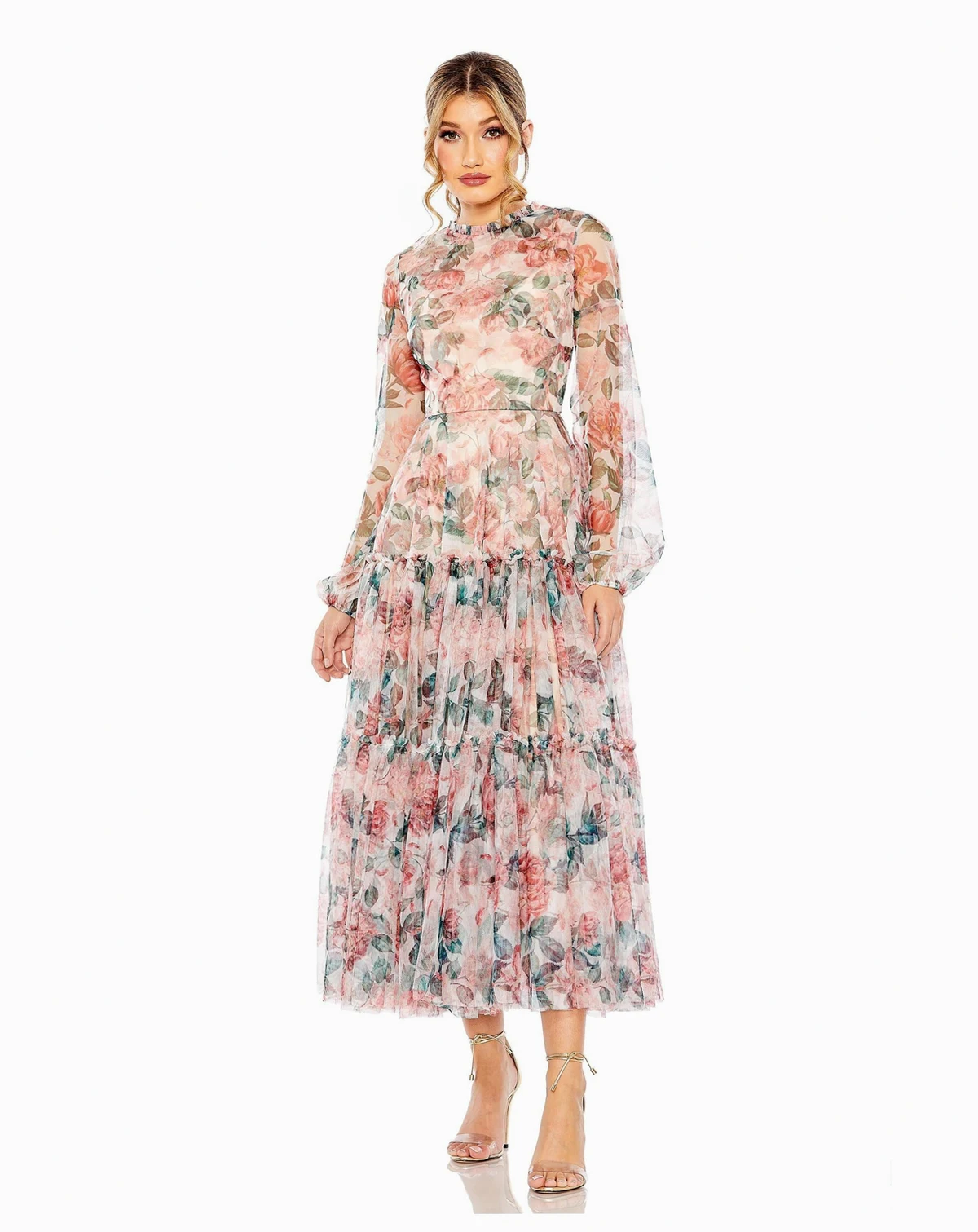 Women's Long Sleeve High Neck Long Balloon Sleeve Midi Dress