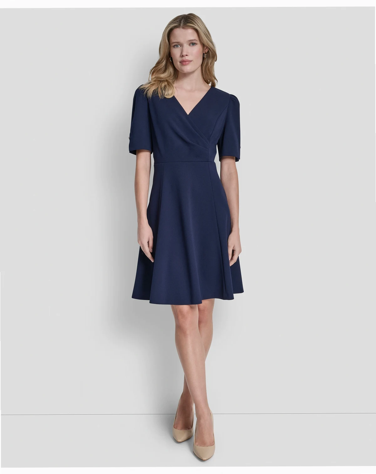 Women's Short-Sleeve V-Neck Fit and Flare Scuba Crepe Dress