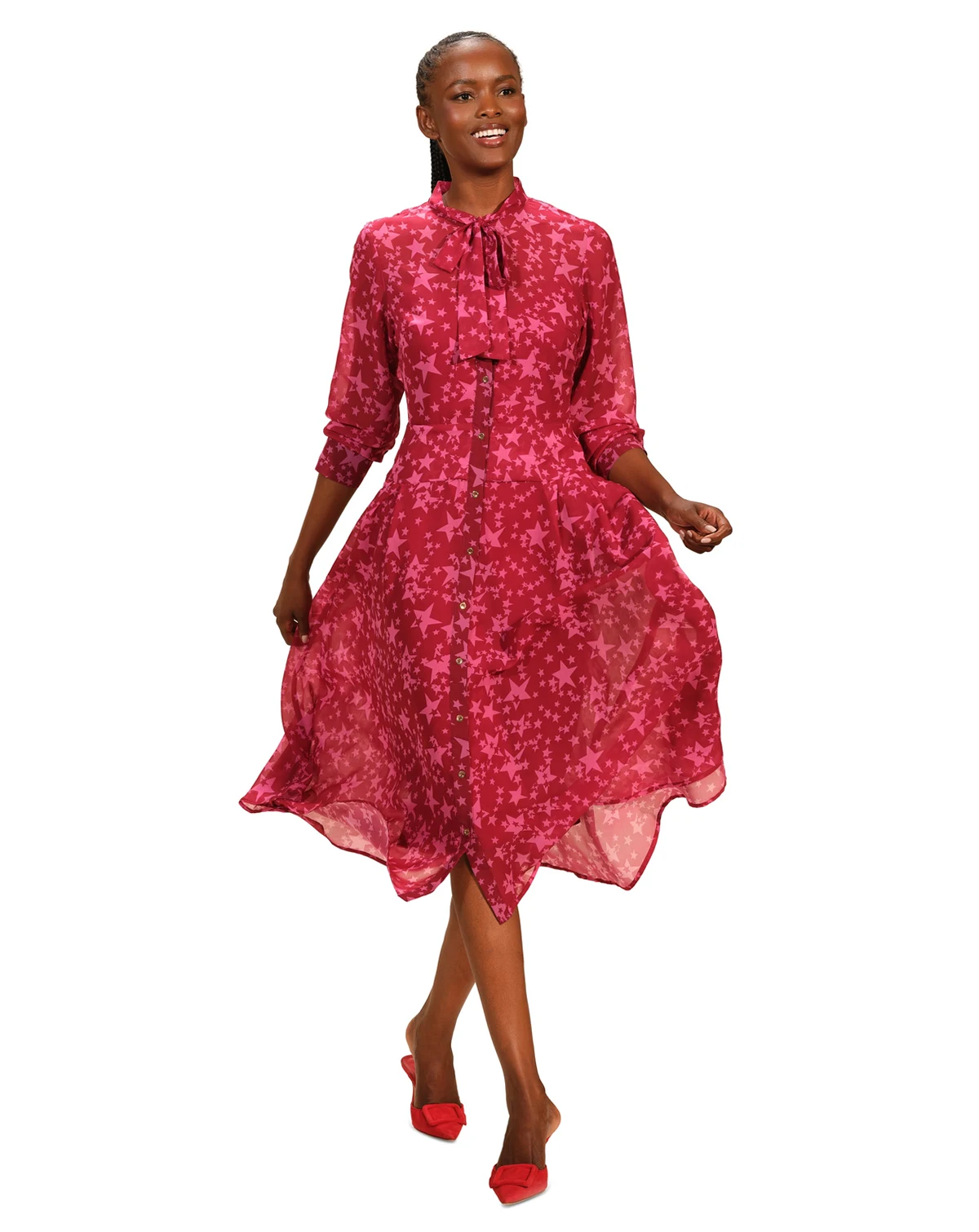 Women's Tie Neck Pleated Button Front Dress
