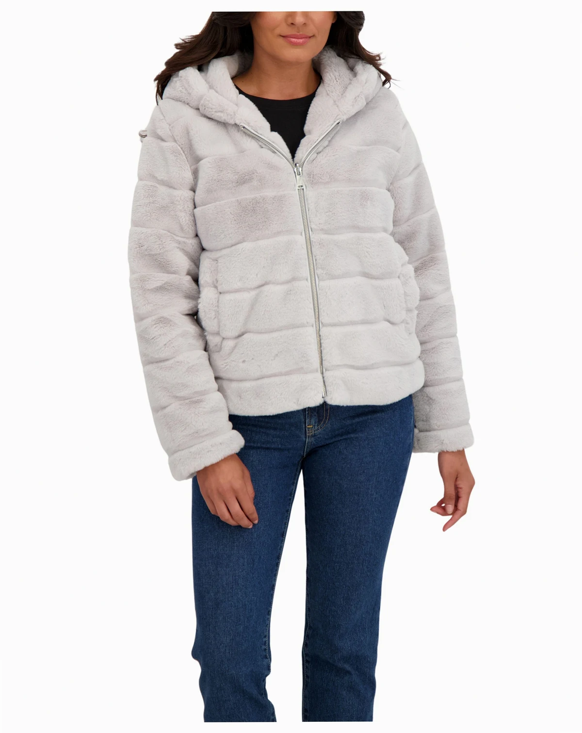 Women's Hooded Grooved Short Faux Fur Jacket