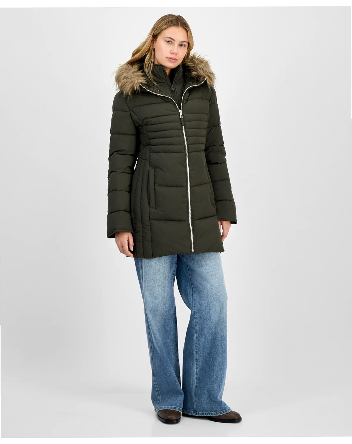 Juniors' Faux-Fur Hooded Bibbed Puffer Coat