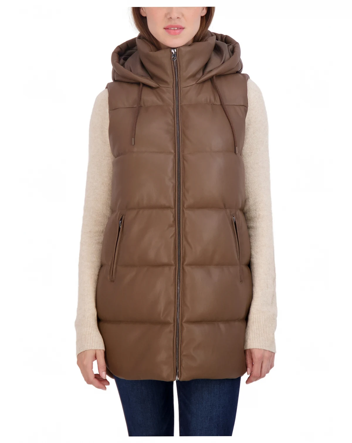 Women's Puffer Faux Leather Vest with Hood