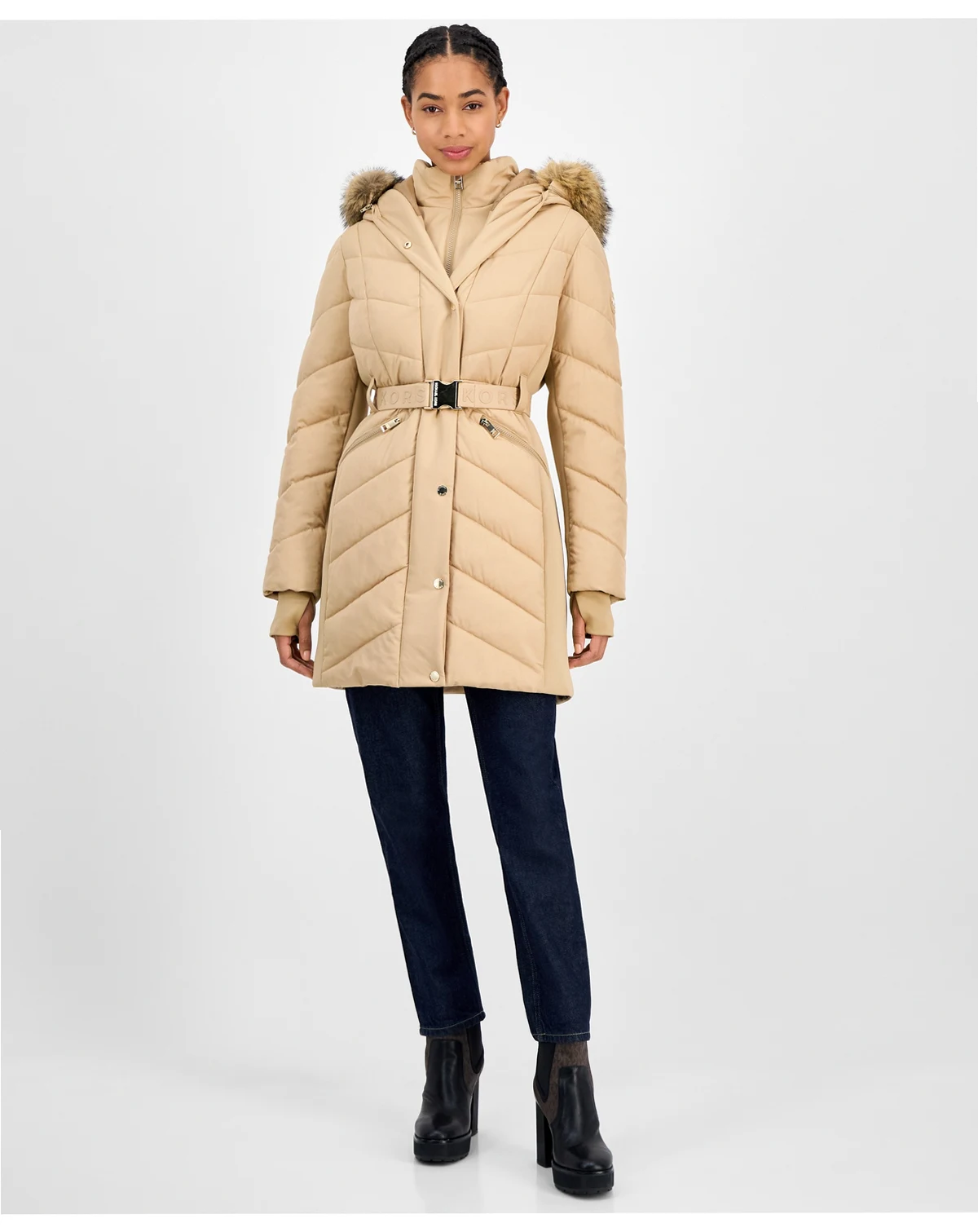 Women's Faux-Fur-Trim Hooded Belted Puffer Coat