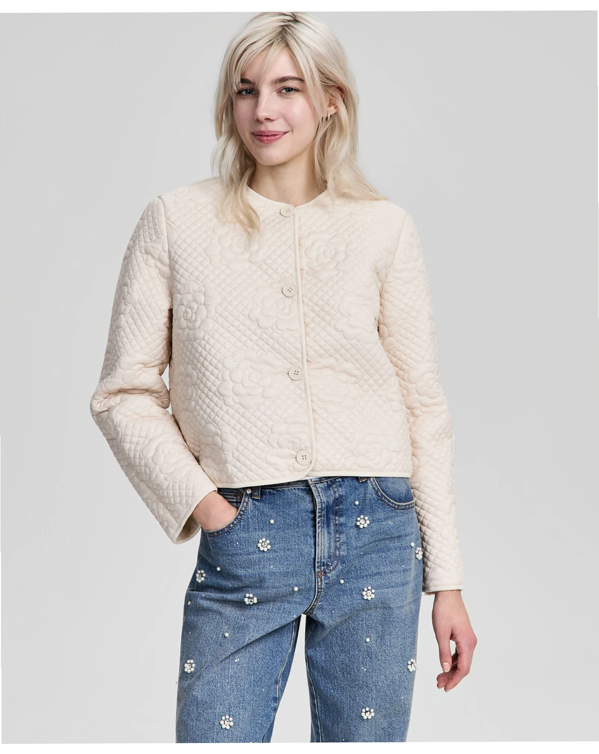 Petite Quilted Crew Neck Rose Jacket, Macy's Exclusive