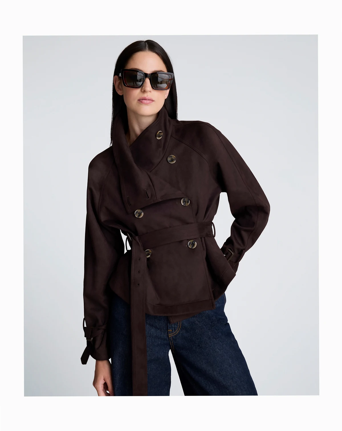 Women's Faux Suede Cropped Belted Trench Jacket