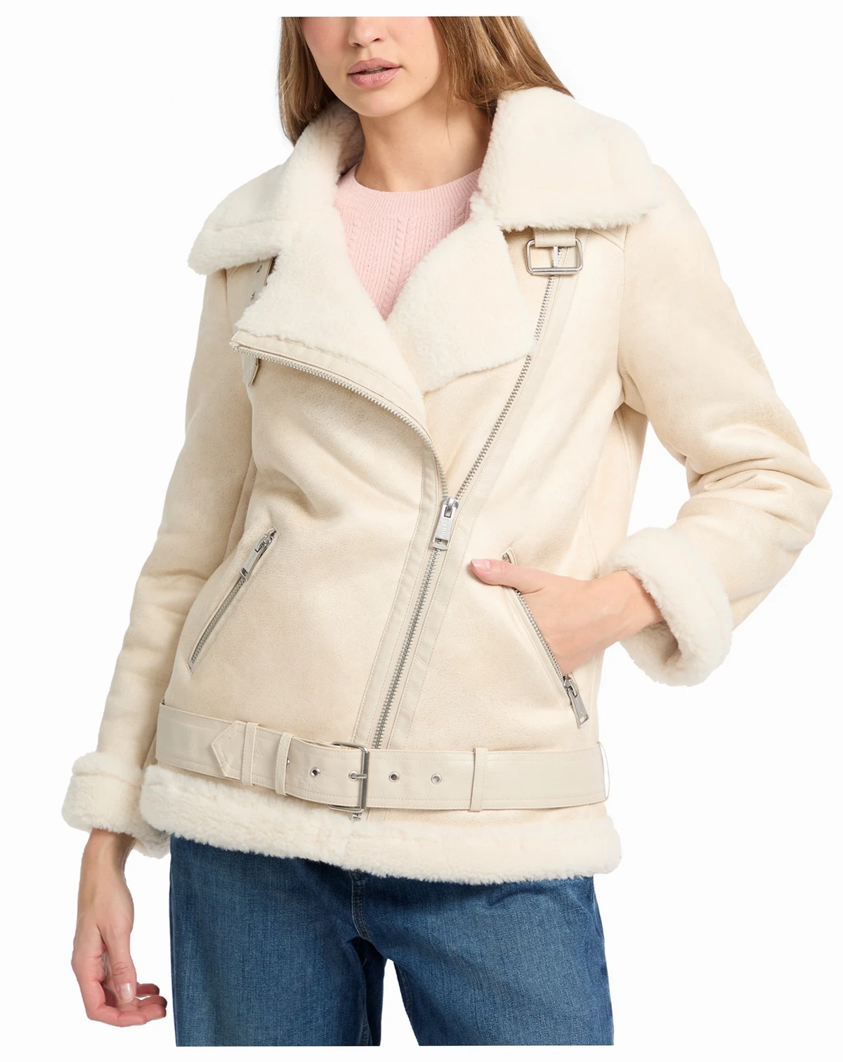 Women's Faux-Shearling Asymmetric Moto Coat