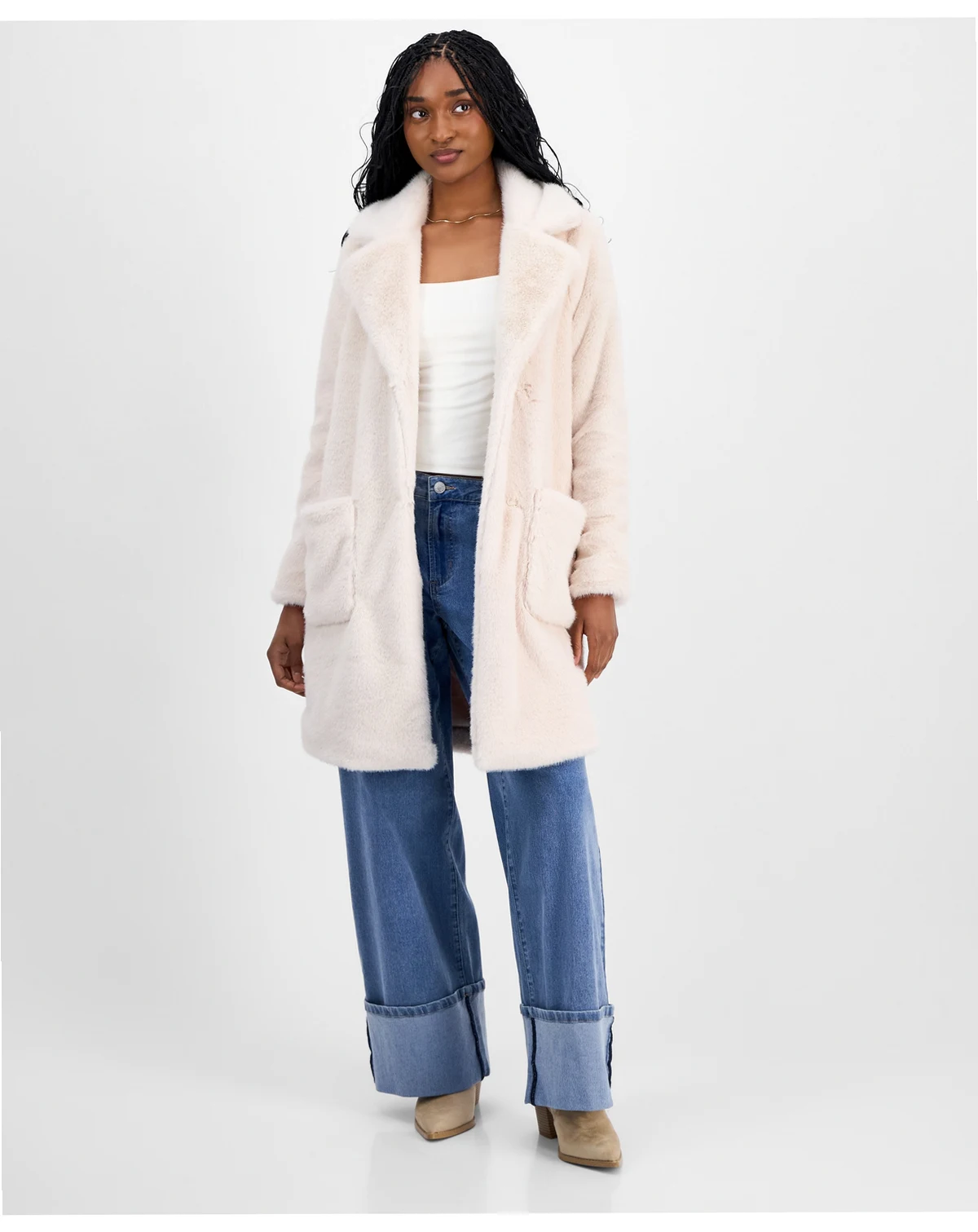 Juniors' Notched-Collar Faux-Fur Walker Coat
