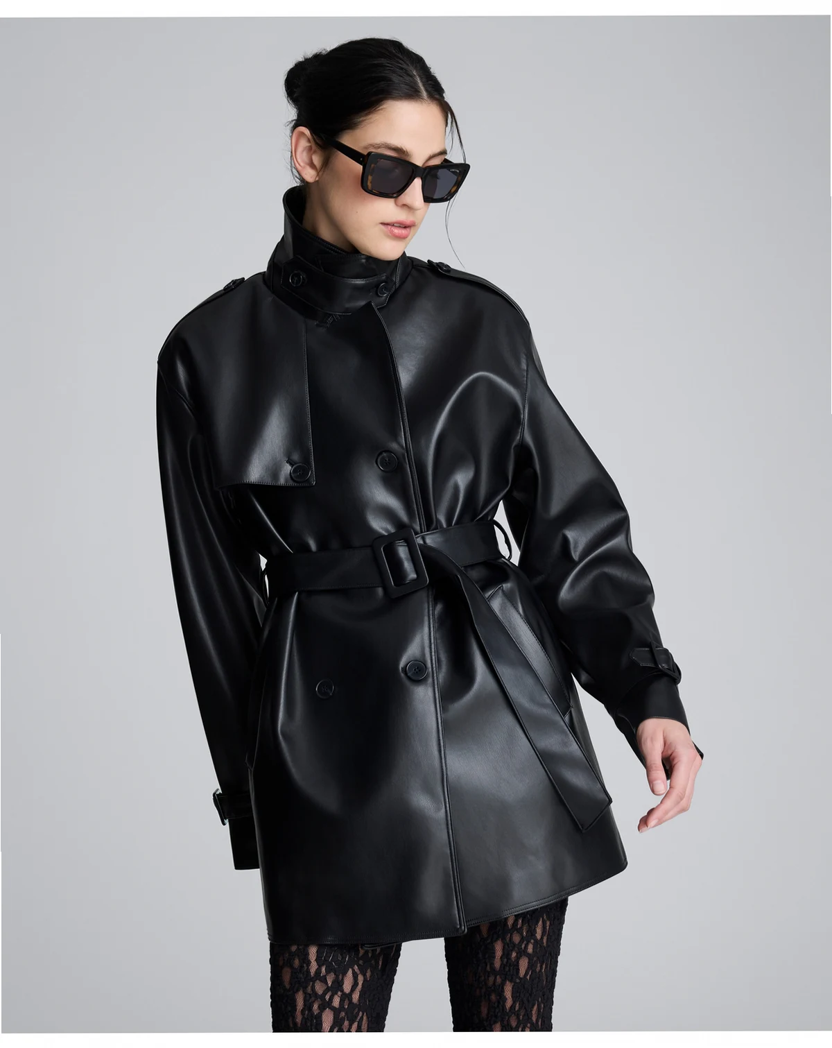 Women’s Faux Leather Double Breasted Belted Trench