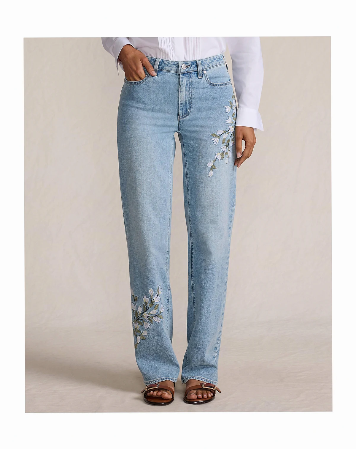 Women's Soft Denim Mid Rise Relaxed Straight Leg Embroidered Jeans