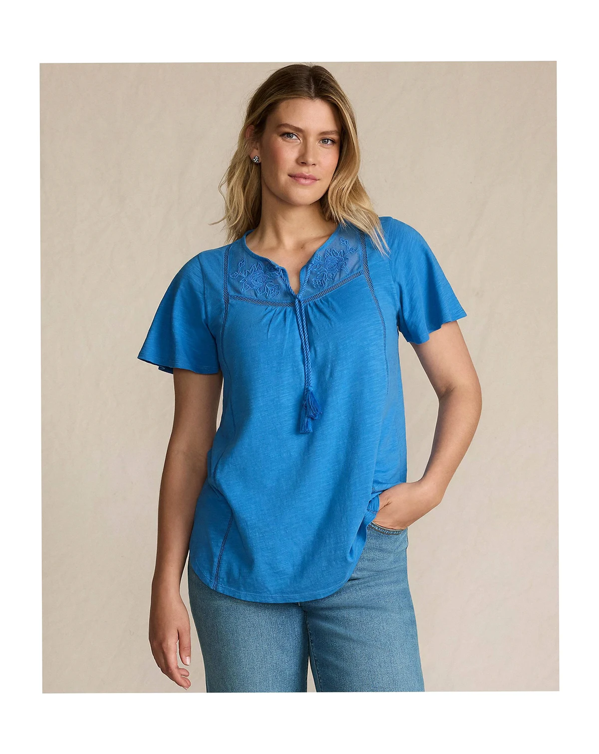 Women's Slub Flutter Sleeve Lace Trim Notch Neck Tunic Top