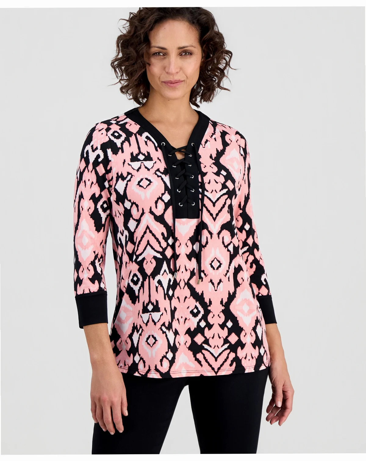 Women's Lace-Up 3/4-Sleeve Printed Top, Created for Macy's