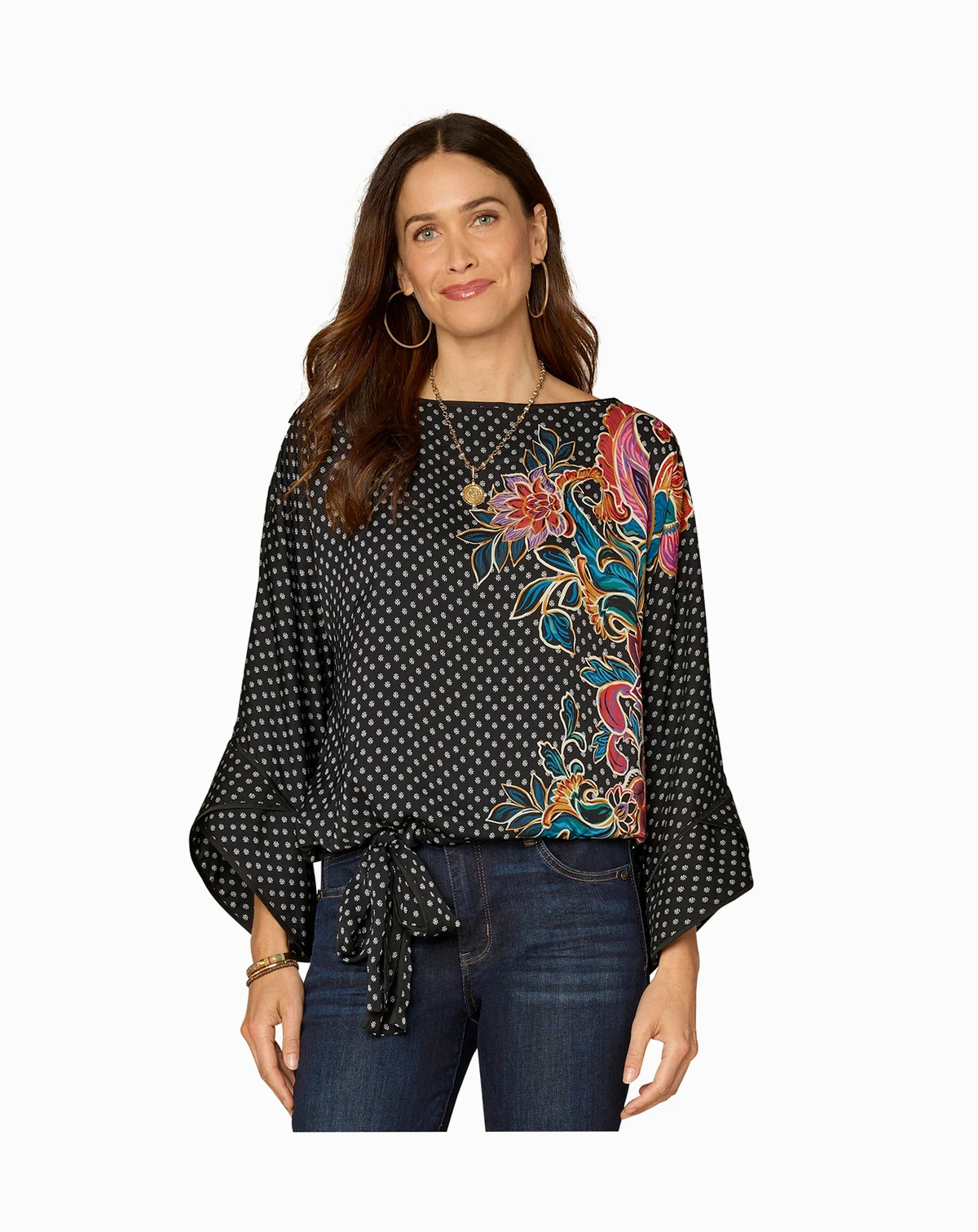 Petite Boat Neck Dolman-Sleeve Printed Top