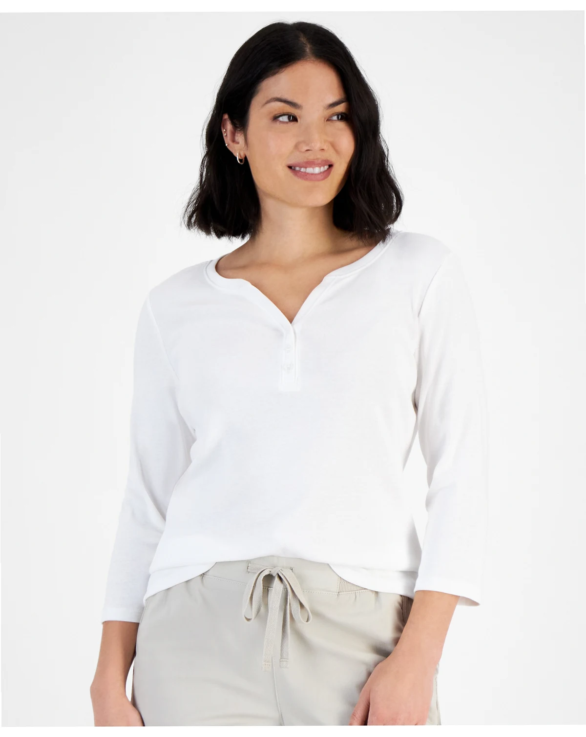 Women's Cotton 3/4-Sleeve Henley Tee, Created for Macy's