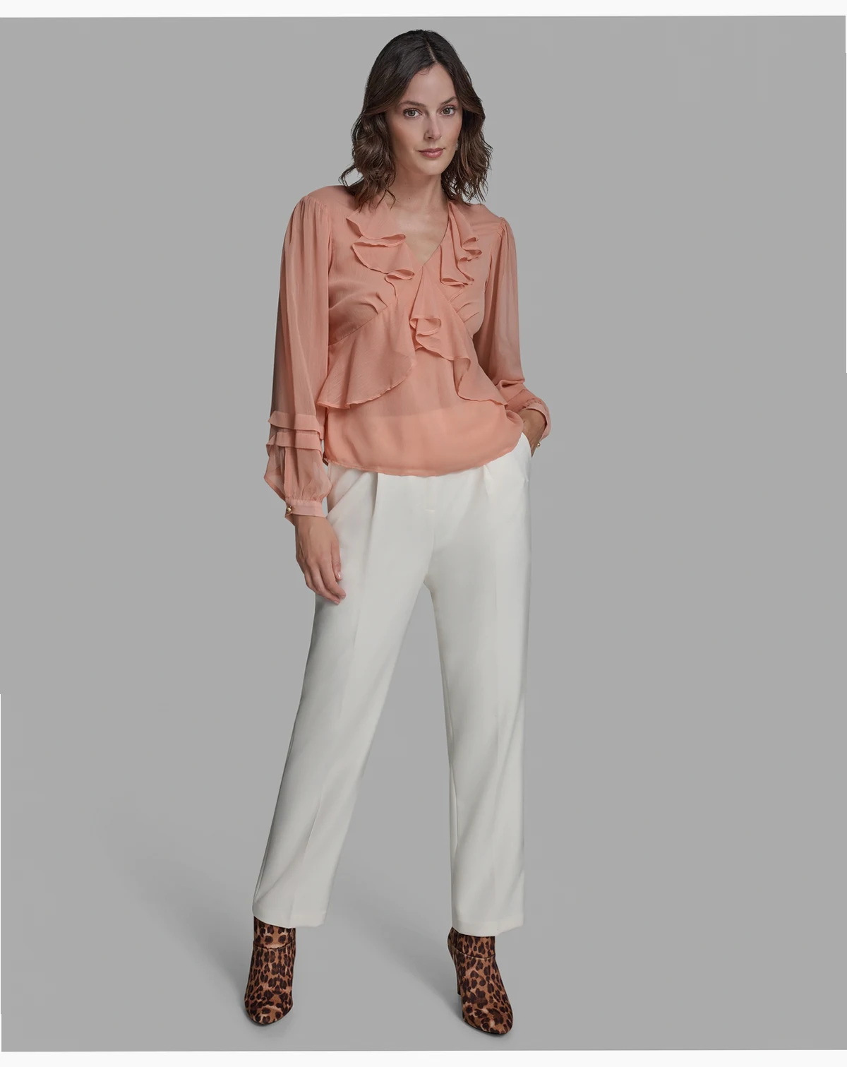 Women's Long Sleeve Ruffle V-Neck Blouse