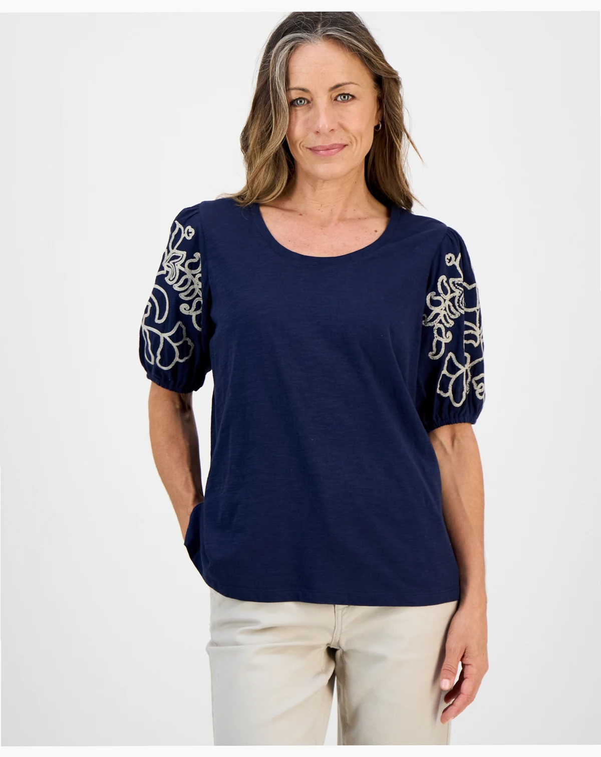 Petite Cotton Embroidered Elbow-Sleeve Top, Macy's Exclusive