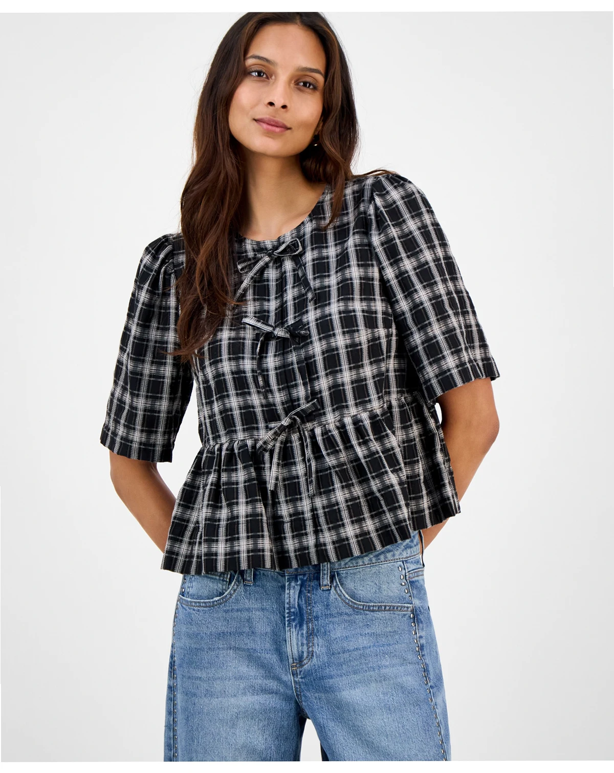 Women's Plaid Tie-Front Peplum Top, Macy's Exclusive