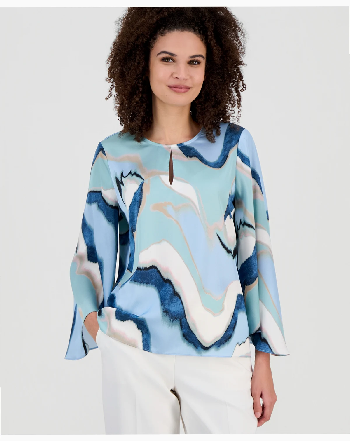 Women's Printed Wide-Sleeve Keyhole Blouse