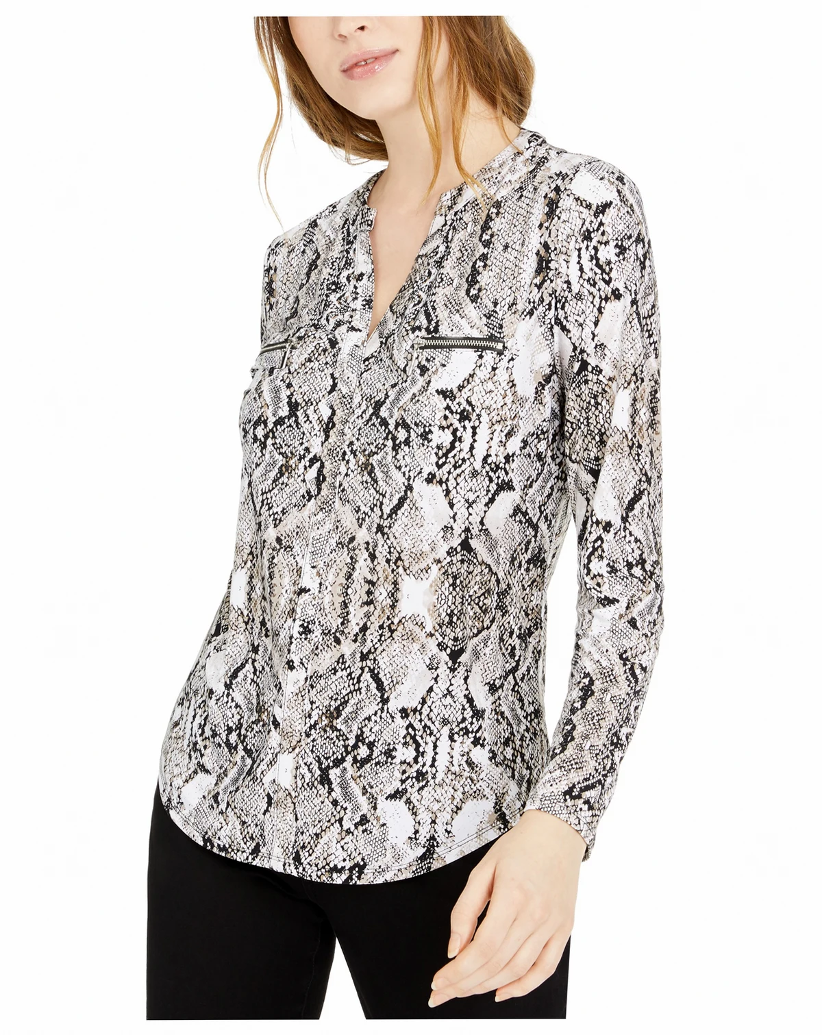 Petite Printed Zip-Pocket Long-Sleeve Top, Created for Macy's