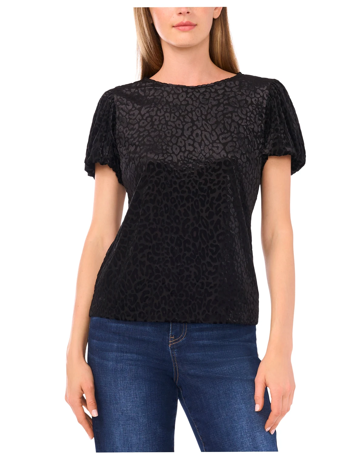 Women's Velvet Puff Short Sleeve Crewneck Blouse