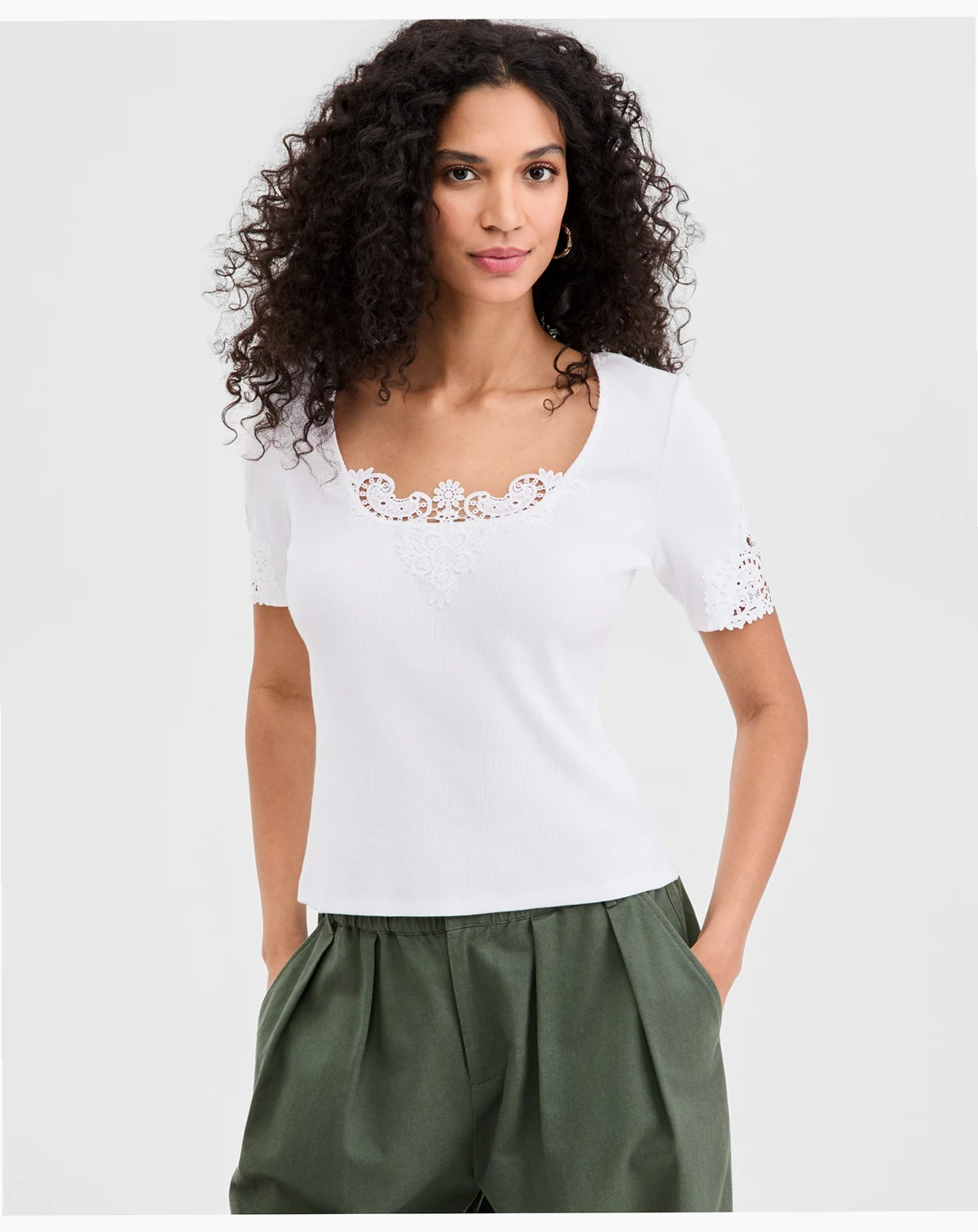Women's Knit Short-Sleeve Lace-Inset Top, Macy's Exclusive