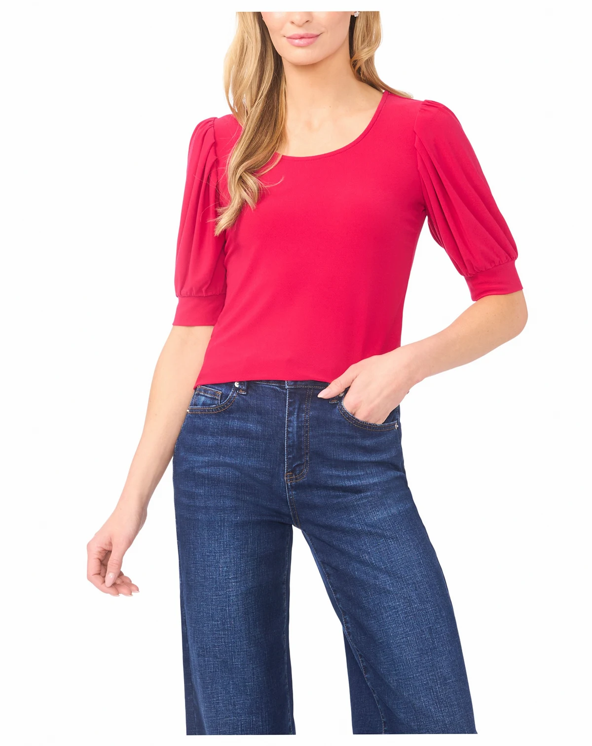 Women's Shirred Scoop-Neck 3/4-Sleeve Knit Top