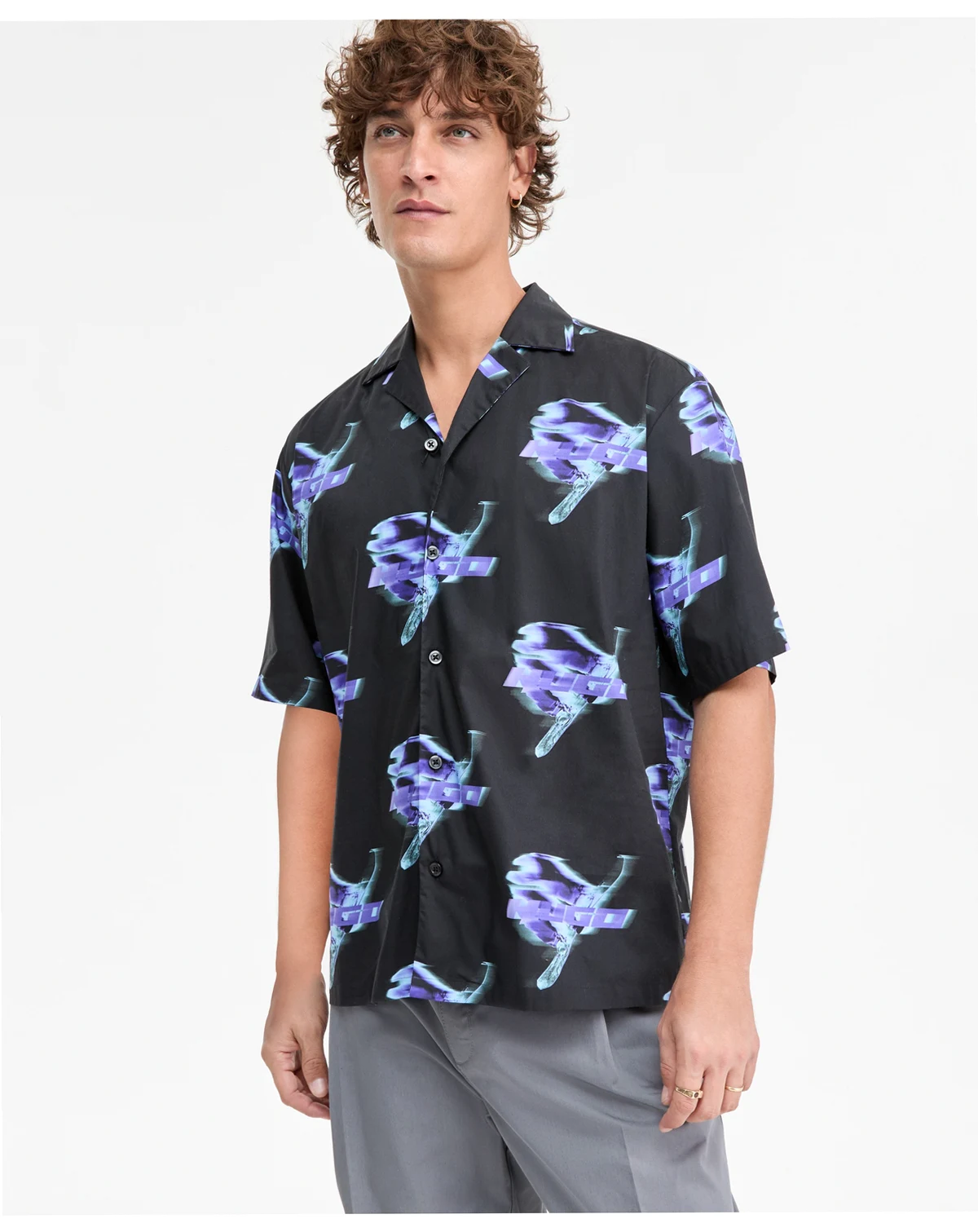 Eligino Short Sleeve Logo Print Button-Front Camp Shirt