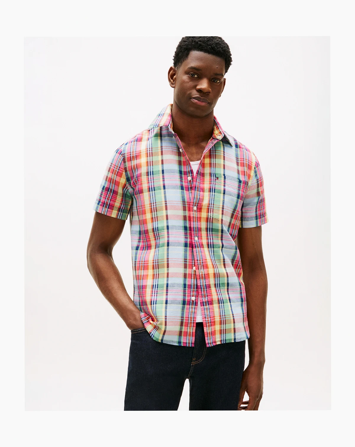 Men's Linen Madras Plaid Short-Sleeve Shirt