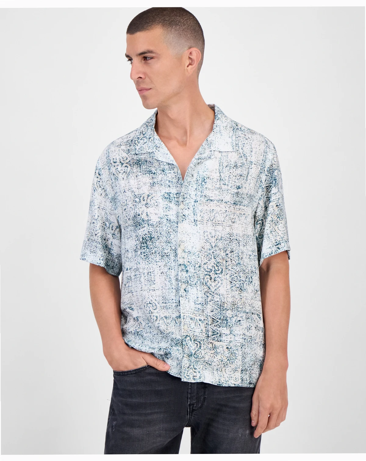 Short Sleeve Paisley Button-Front Camp Shirt
