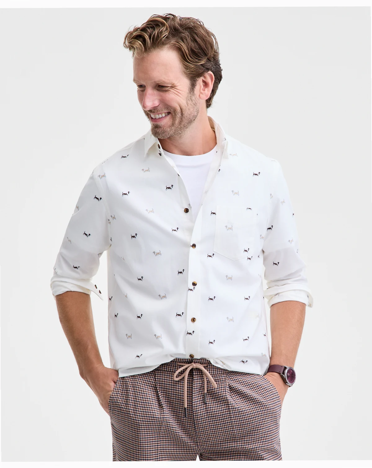 Men's Basset Hound Print Brushed Cotton Button-Down Shirt, Macy's Exclusive
