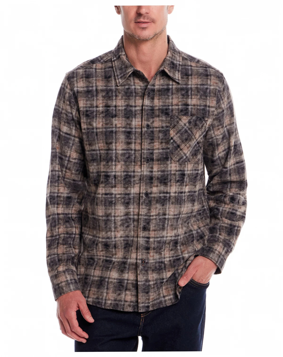 Men's Long Sleeve Distressed Flannel Button-Front Shirt
