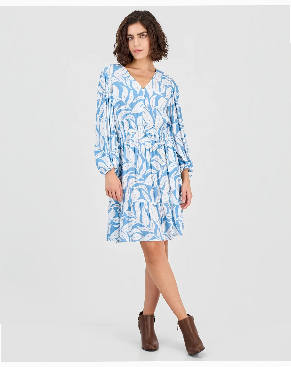 Petite Printed Blouson-Sleeve Babydoll Dress, Macy's Exclusive