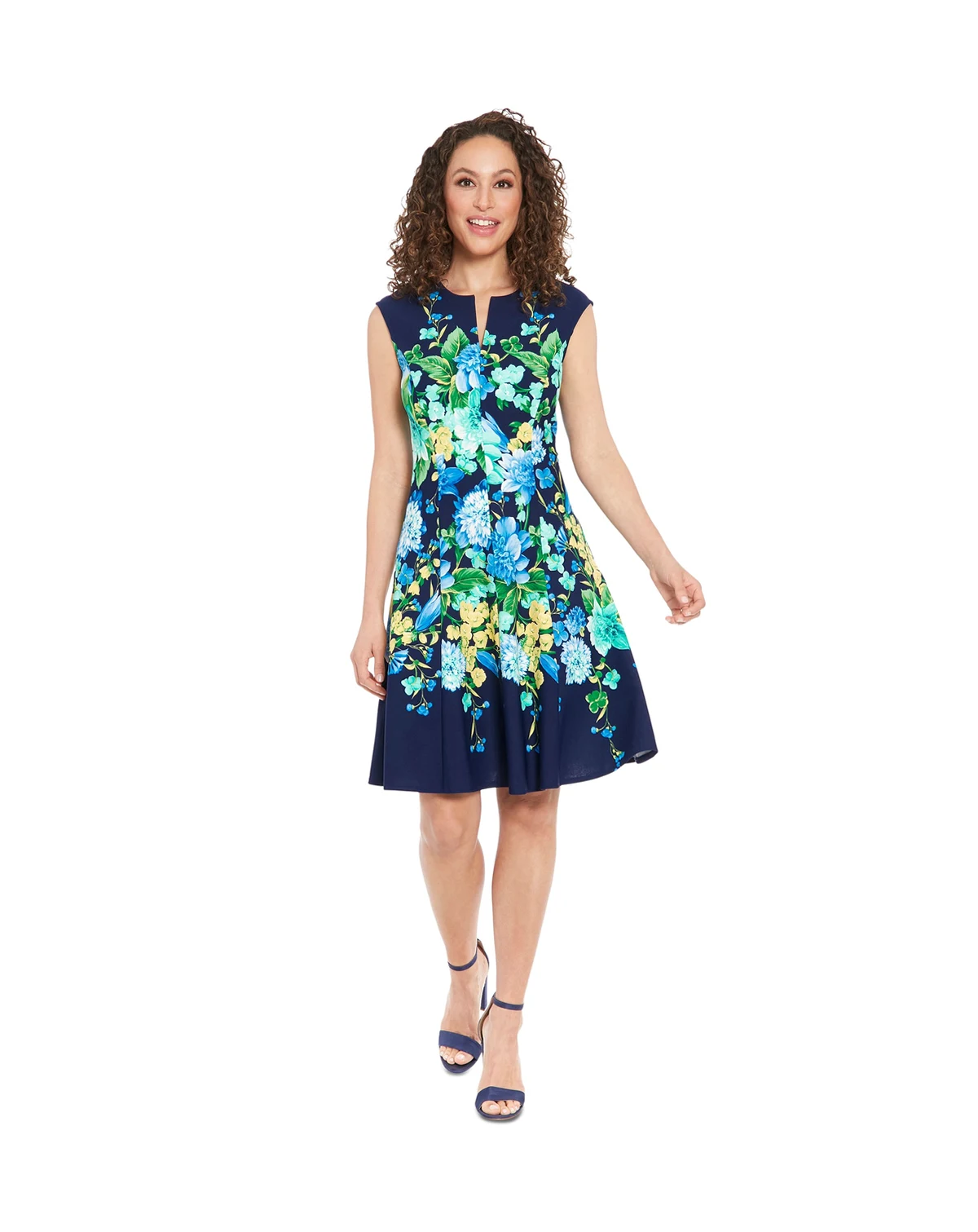 Petite Split-Neck Floral-Print Fit & Flare Dress