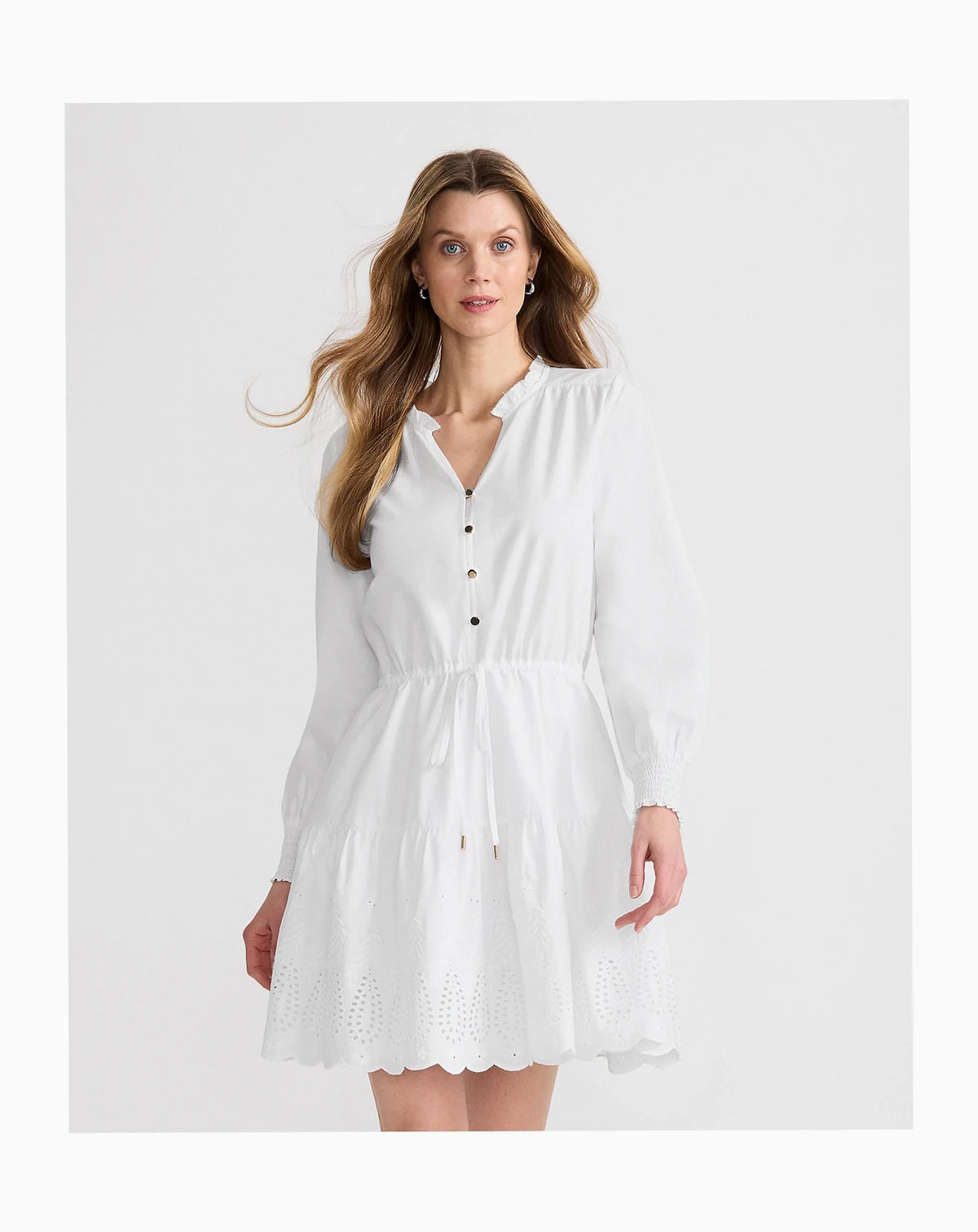 Women's Long Sleeve Eyelet Mini Popover Dress