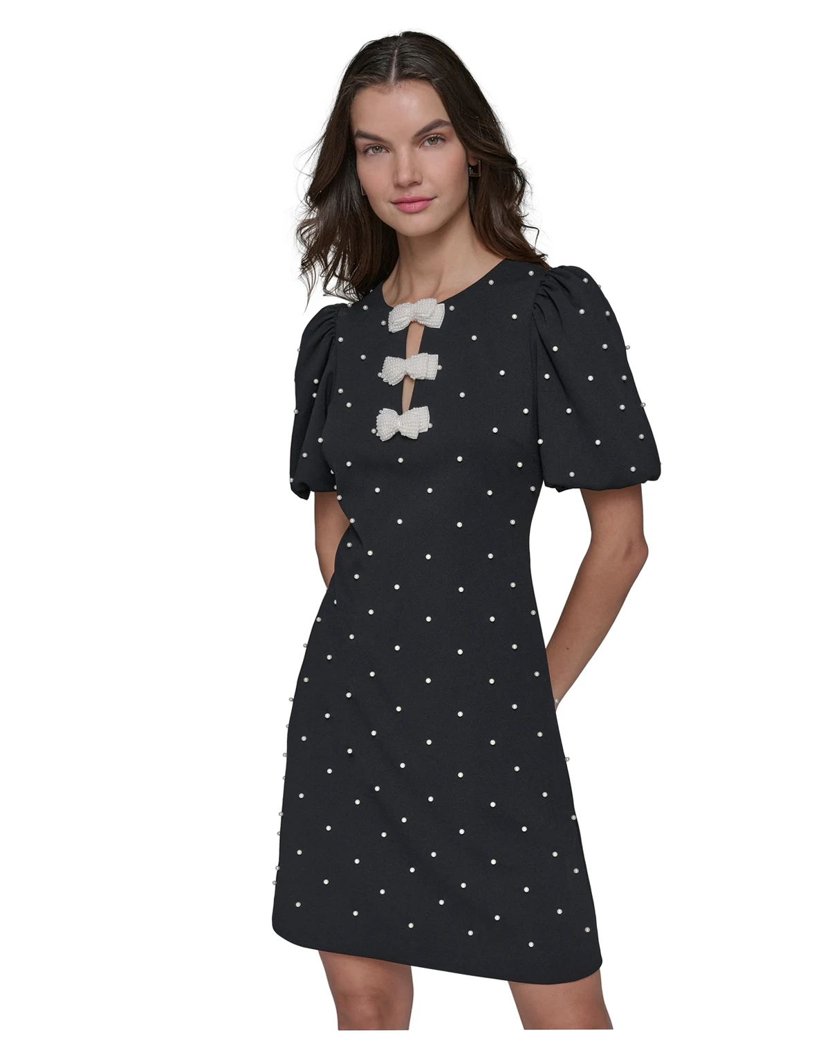 Women's Scuba Crepe Sheath with Neckline Pearl Bow Details Dress