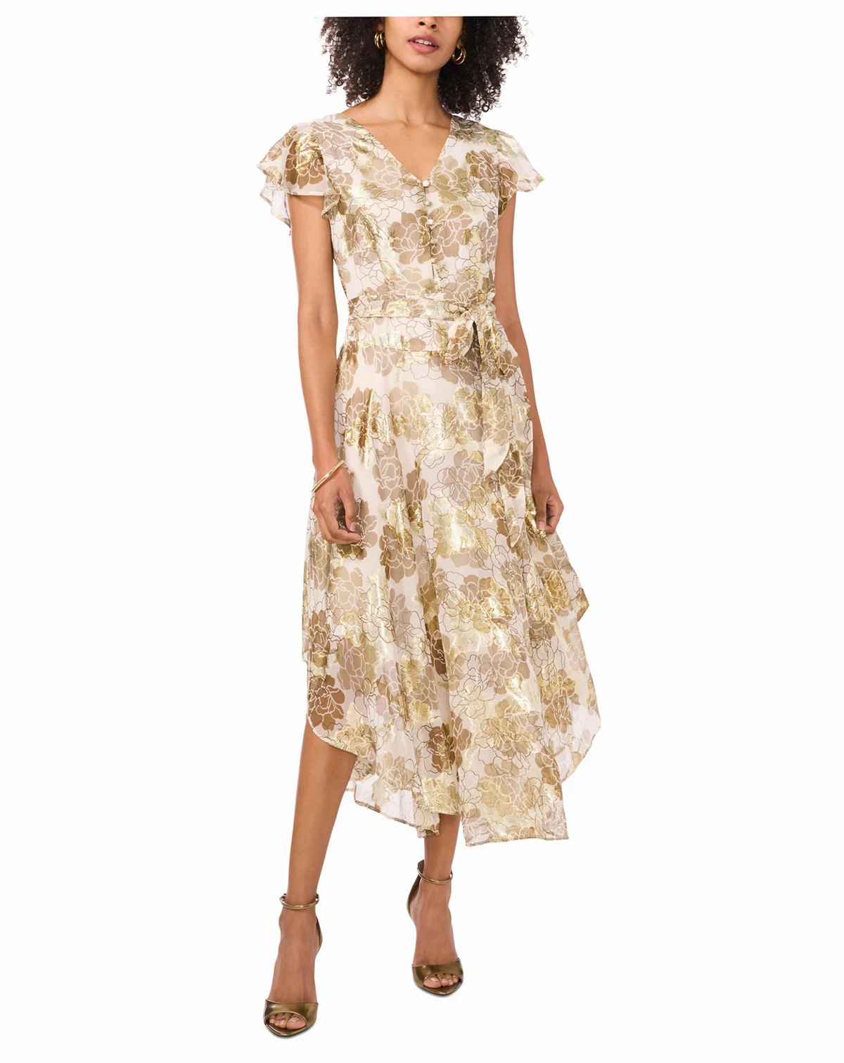 Women's Metallic Print V-Neck Flutter-Sleeve Midi Dress